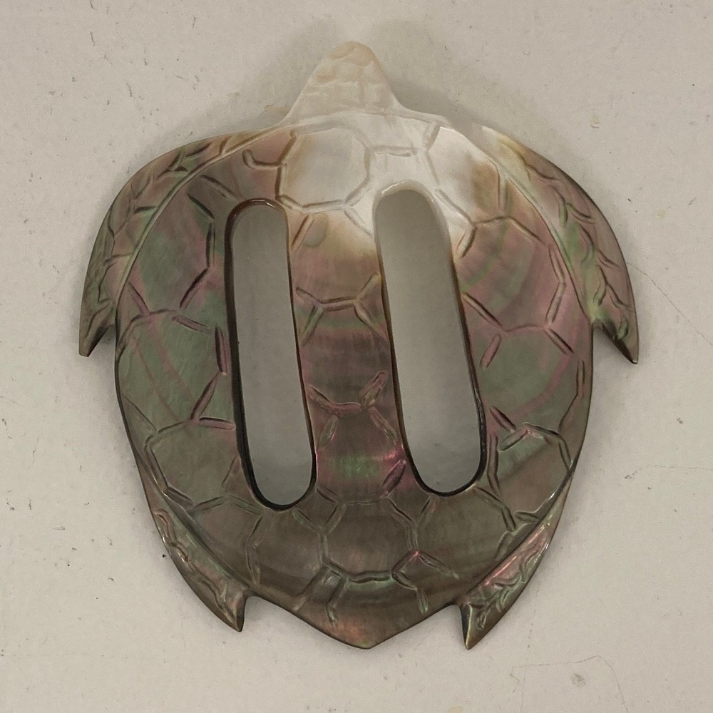 VTG Carved Mother of Pearl Honu Sea Turtle Scarf Slide Buckle Abalone Shell 3.5"
